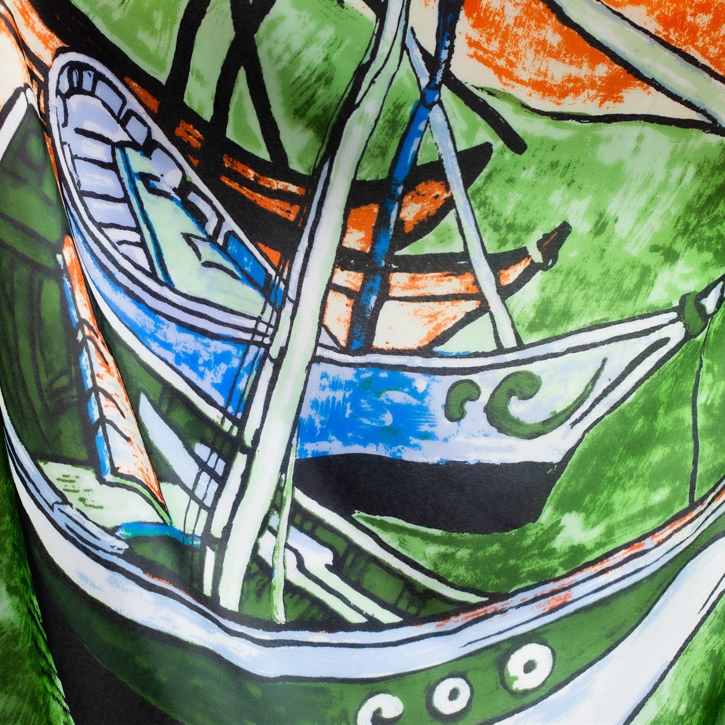 Eșarfă damă din mătase, imprimeu cu bărci, 90 x 90 cm - Verde, Portocaliu