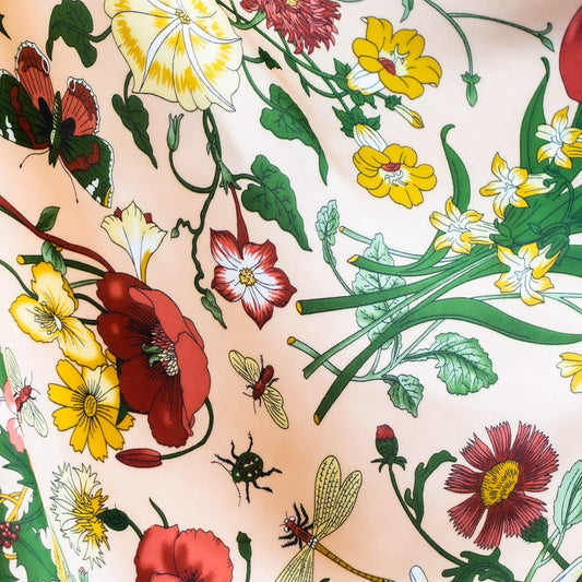 Eșarfă damă din satin cu imprimeu floral, 70 x 70 cm - Crem, Multicolor 