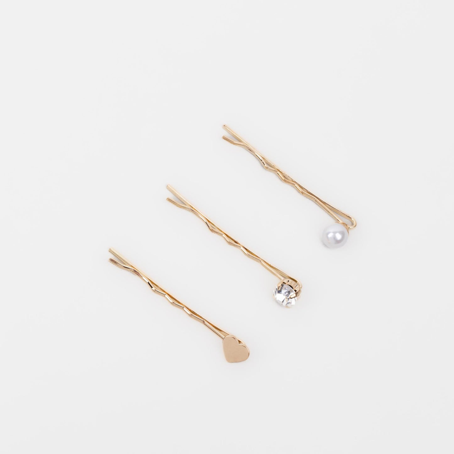 Agrafe de păr cu perlă, piatră și inimă, set 3 buc - Auriu
