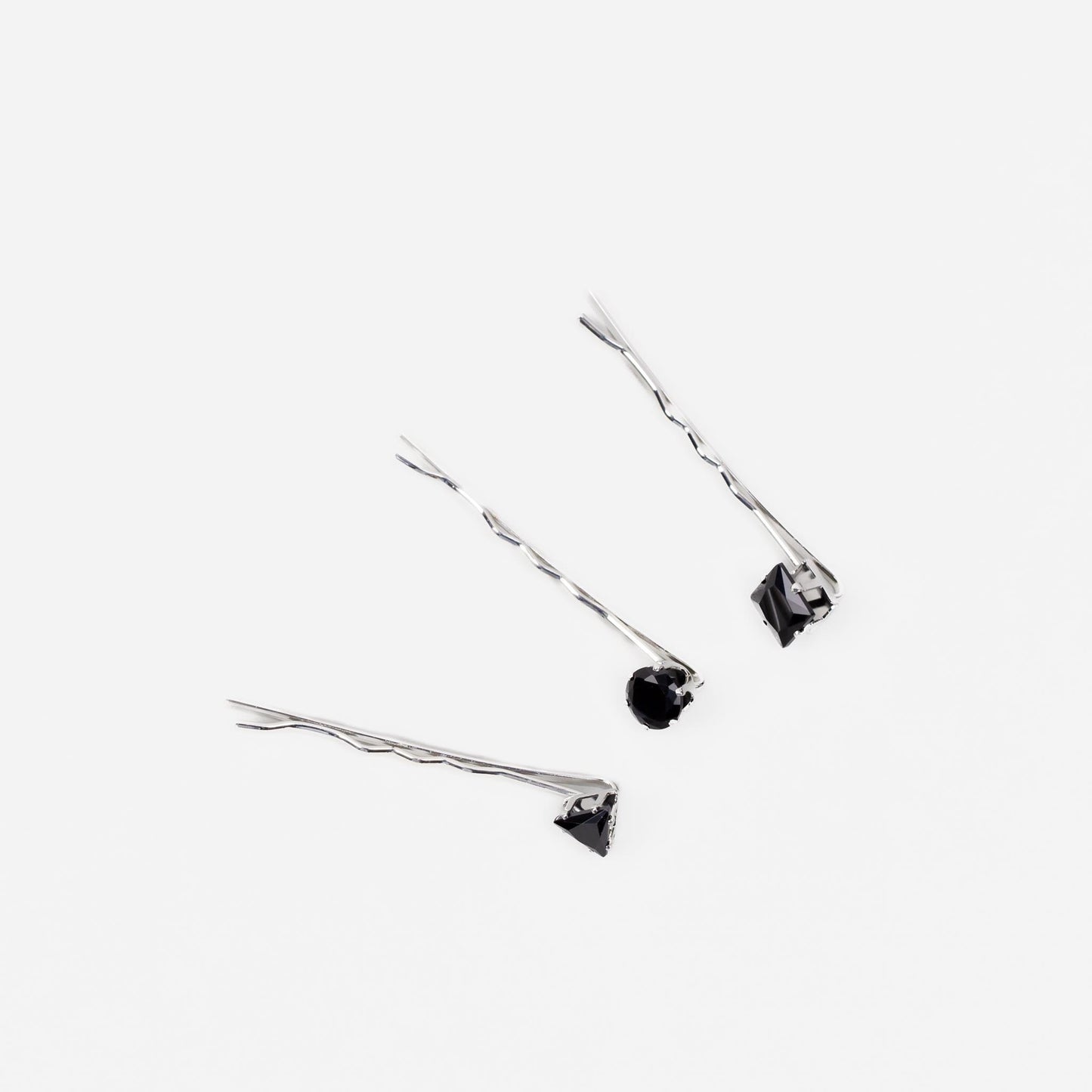 Agrafe de păr cu pietre negre, forme goemetrice, set 3 buc - Argintiu