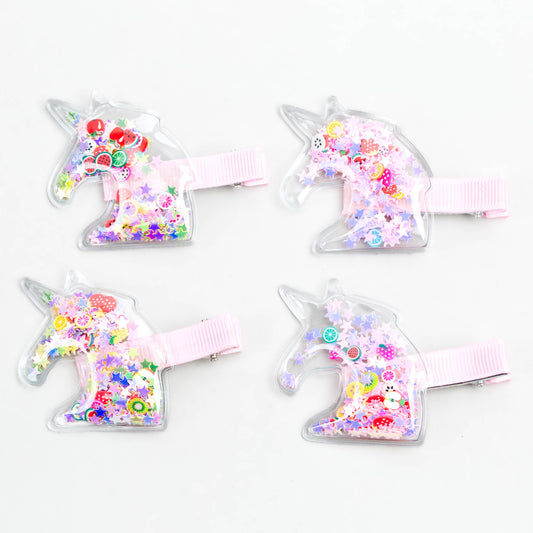 Agrafe de păr tip aligator cu unicorn transparent și confetti, set 4 buc - Roz Mix