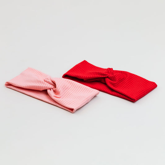 Bentiță de păr cu nod tip turban și dungi din bumbac, set 2 buc - Roz, Roșu