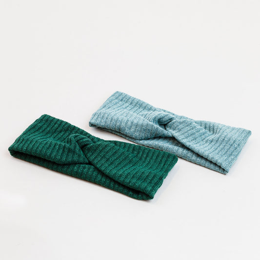 Bentițe de păr cu nod tip turban și dungi din bumbac, set 2 buc - Verde, Albastru