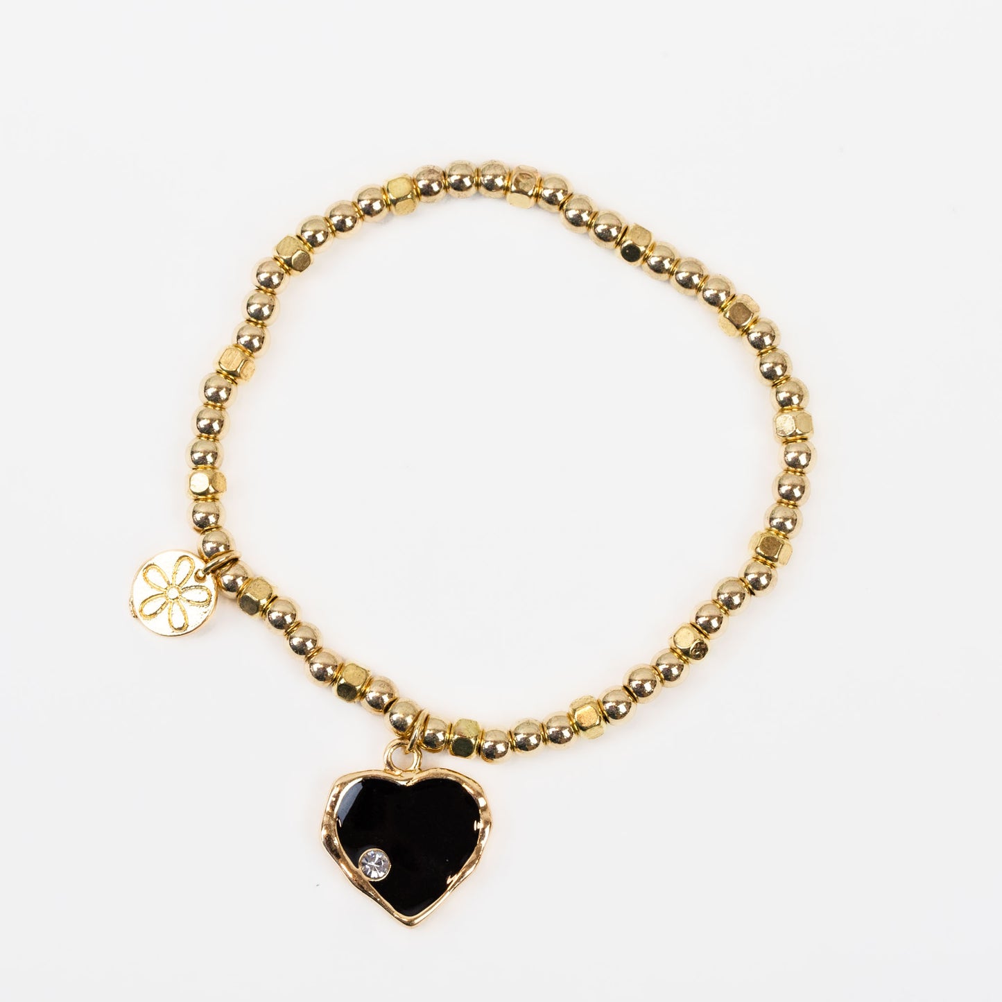 Brățară elastică cu mărgele mici și charm-uri cu inimă și bănuț - Auriu