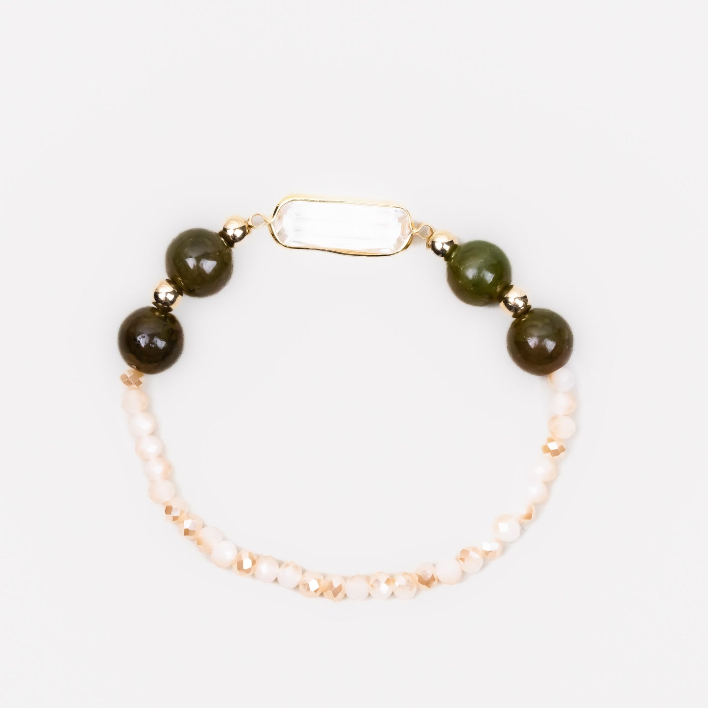 Brățară elastică cu mărgele, pietre și charm translucid - Verde, Bej