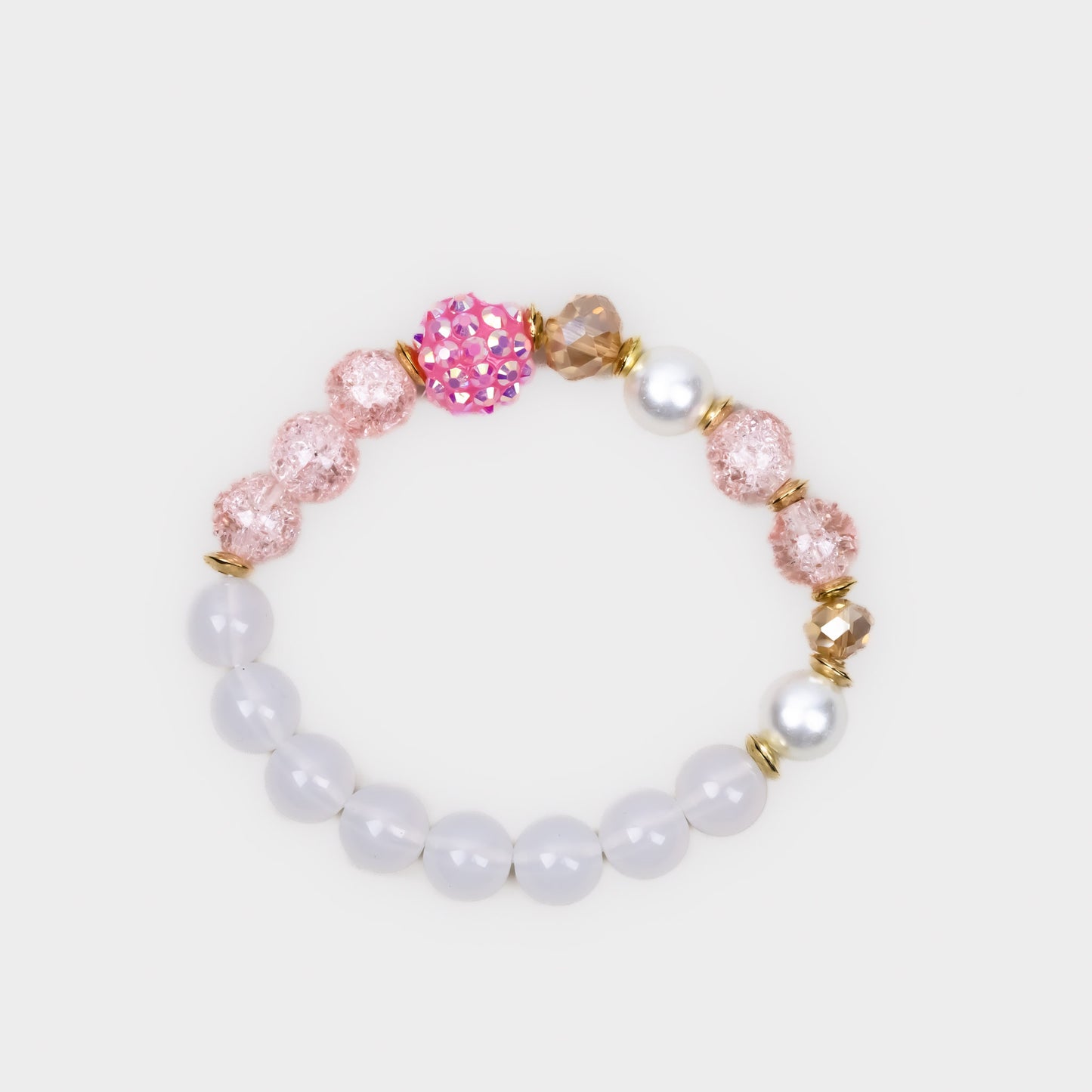 Brățară elastică cu mărgele translucide, shamballa și perle - Roz, Alb