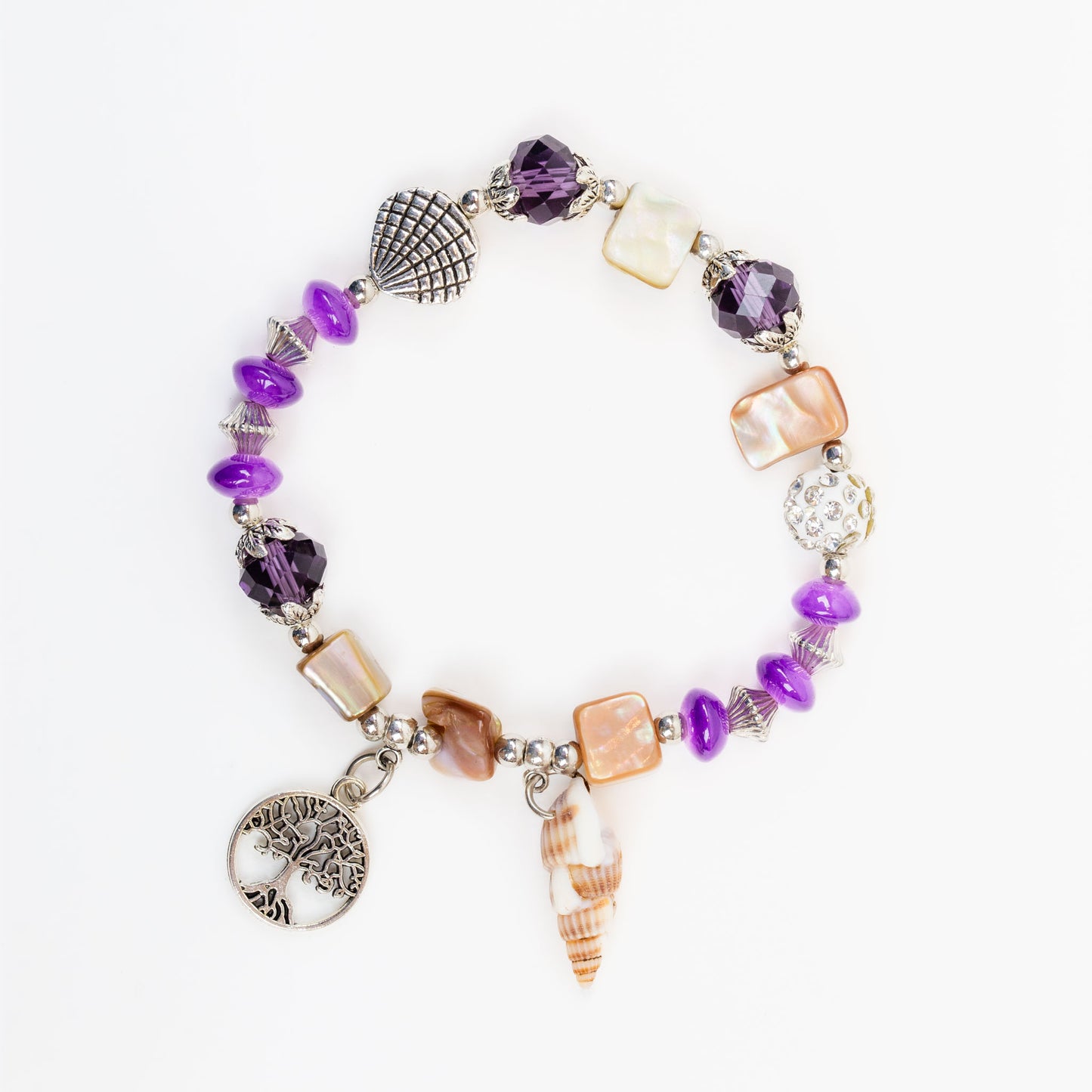 Brățară elastică cu pietre, shamballa, scoici și charm cu arborele vieții - Mov