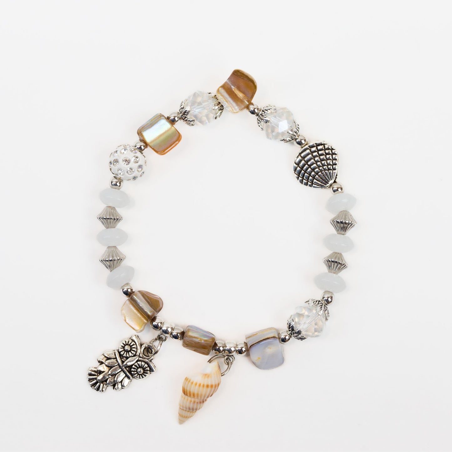 Brățară elastică cu pietre, shamballa, scoici și charm cu bufniță - Alb