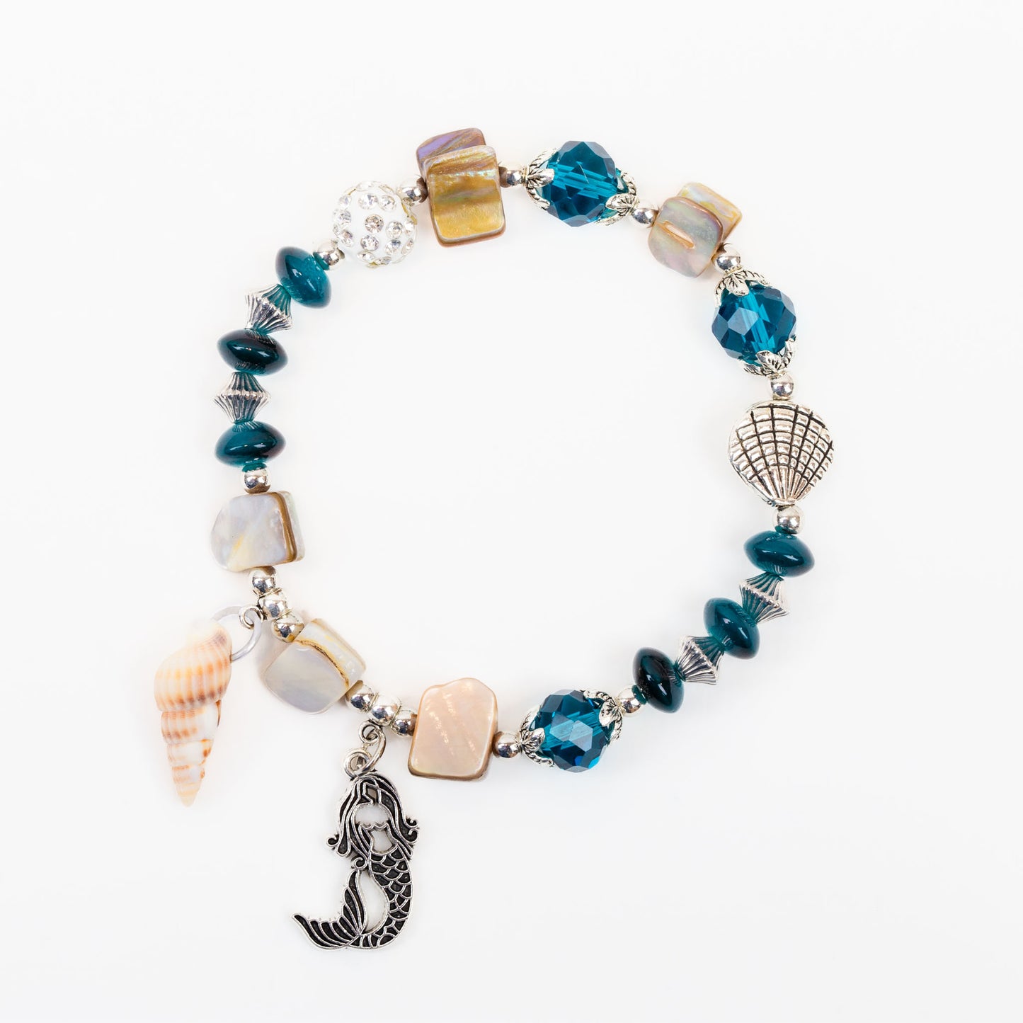 Brățară elastică cu pietre, shamballa, scoici și charm cu sirenă - Turcoaz