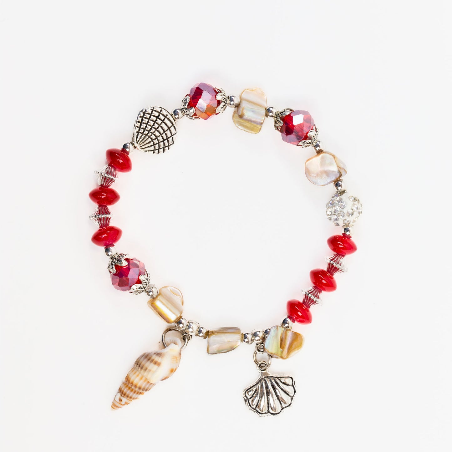 Brățară elastică cu pietre, shamballa, scoici și charm - Rosu