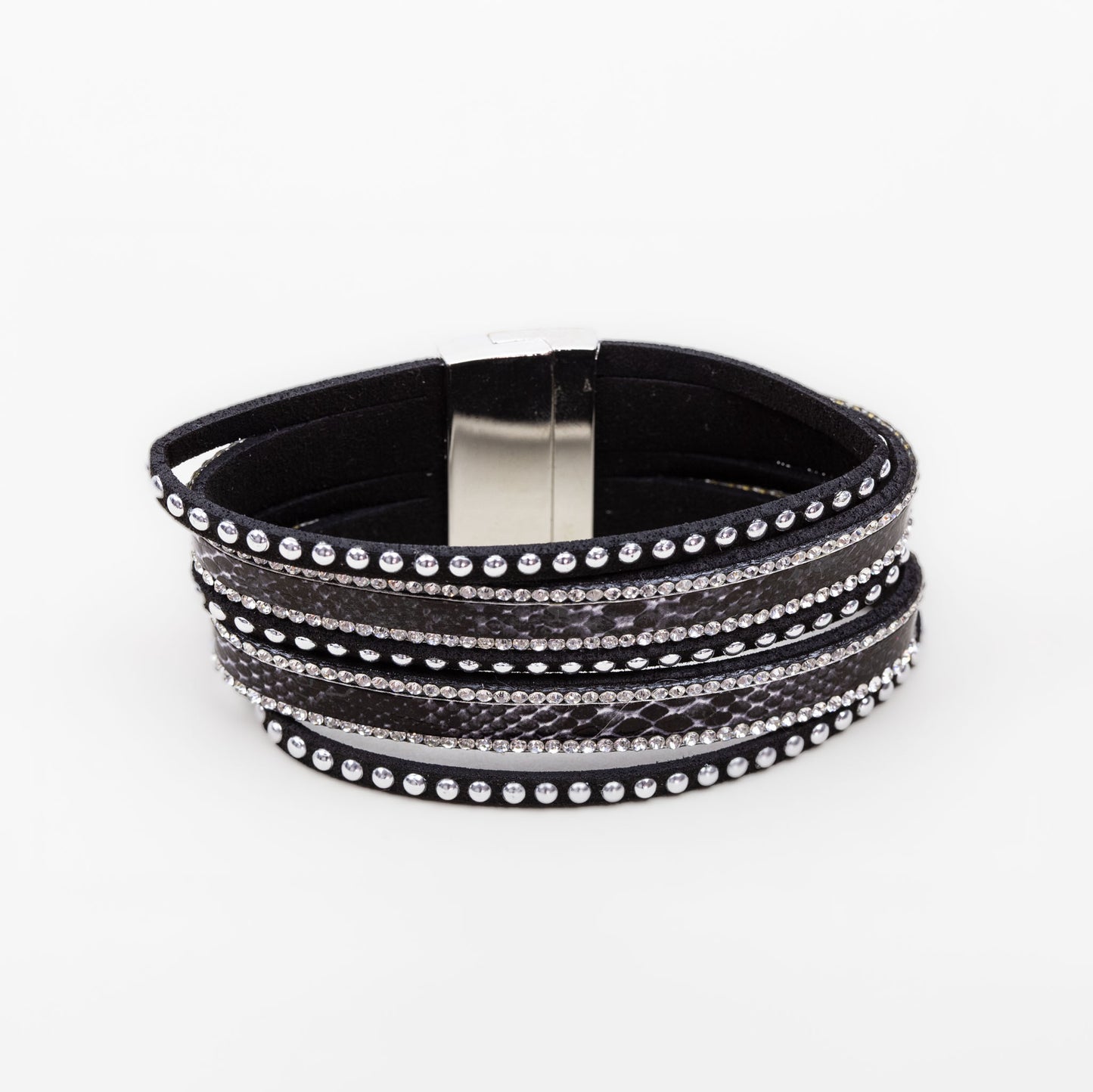 Brățară lată cu ștrasuri, capse mici și animal print - Negru