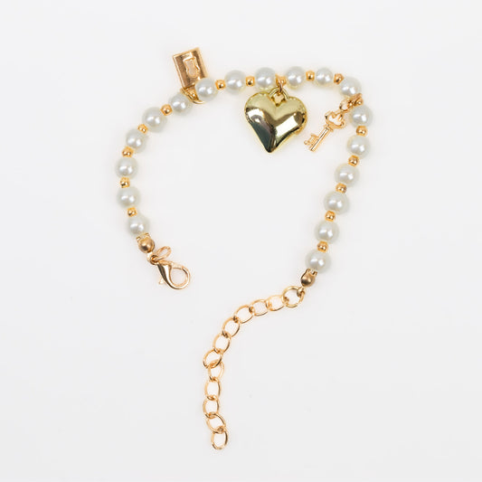 Brățară reglabilă cu perle și charm-uri cu inimă, lacăt și cheie - Auriu