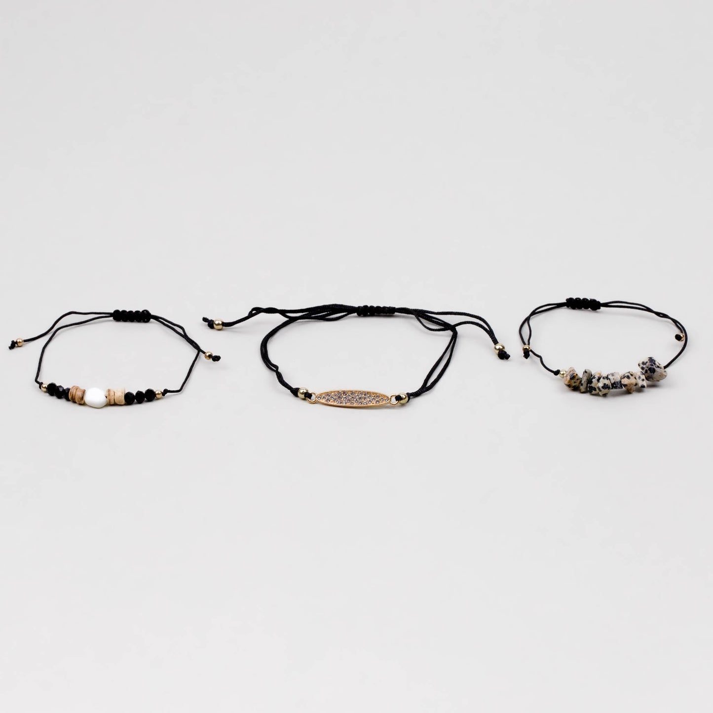 Brățară reglabilă cu șnur, pietre și ștrasuri, set 3 buc - Negru