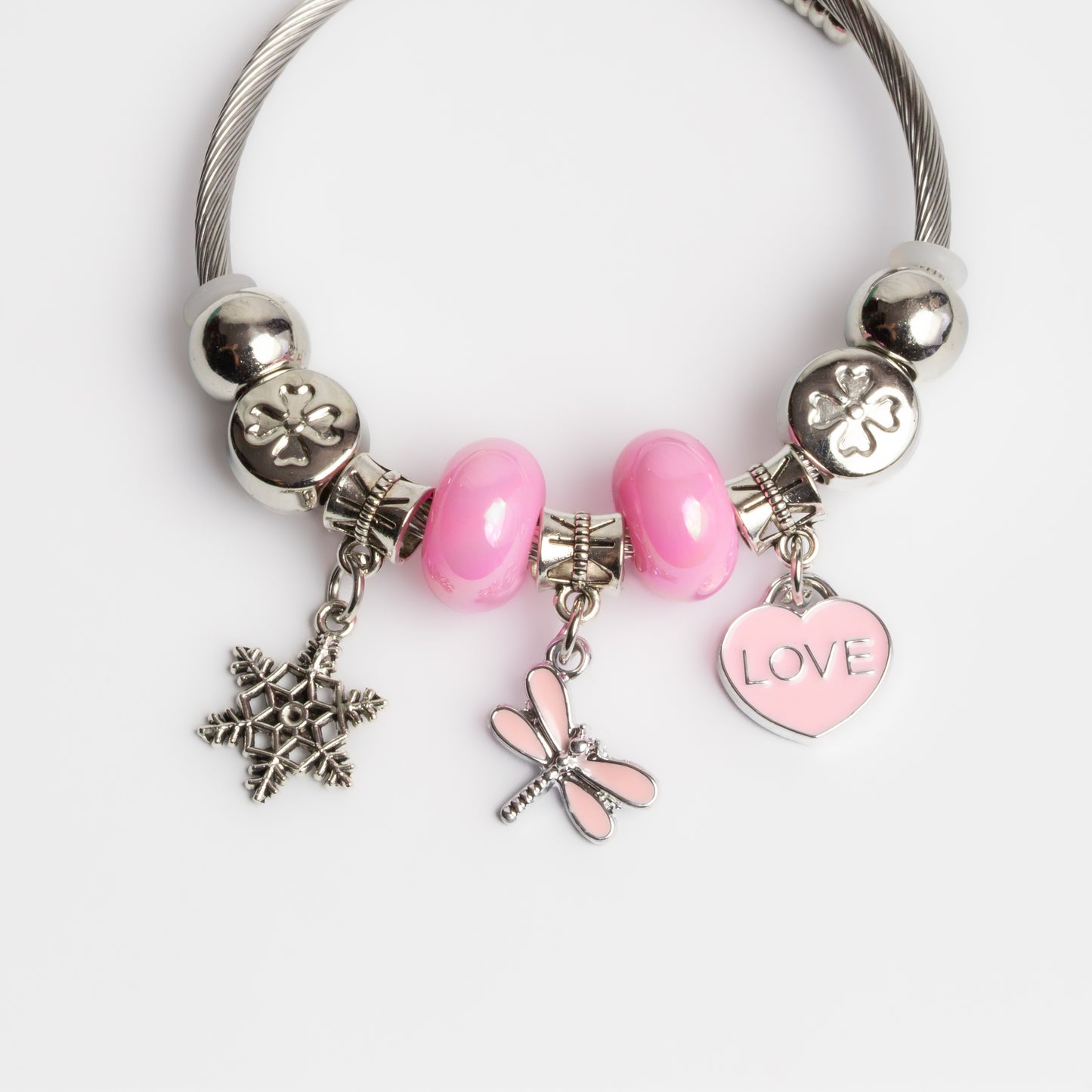 Brățară reglabilă dragonfly love cu charm-uri - Argintiu, Roz