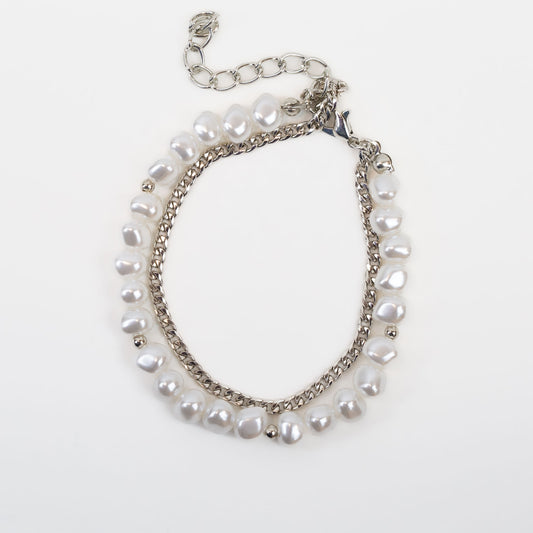 Brățară reglabilă dublă cu perle și lănțișor - Argintiu