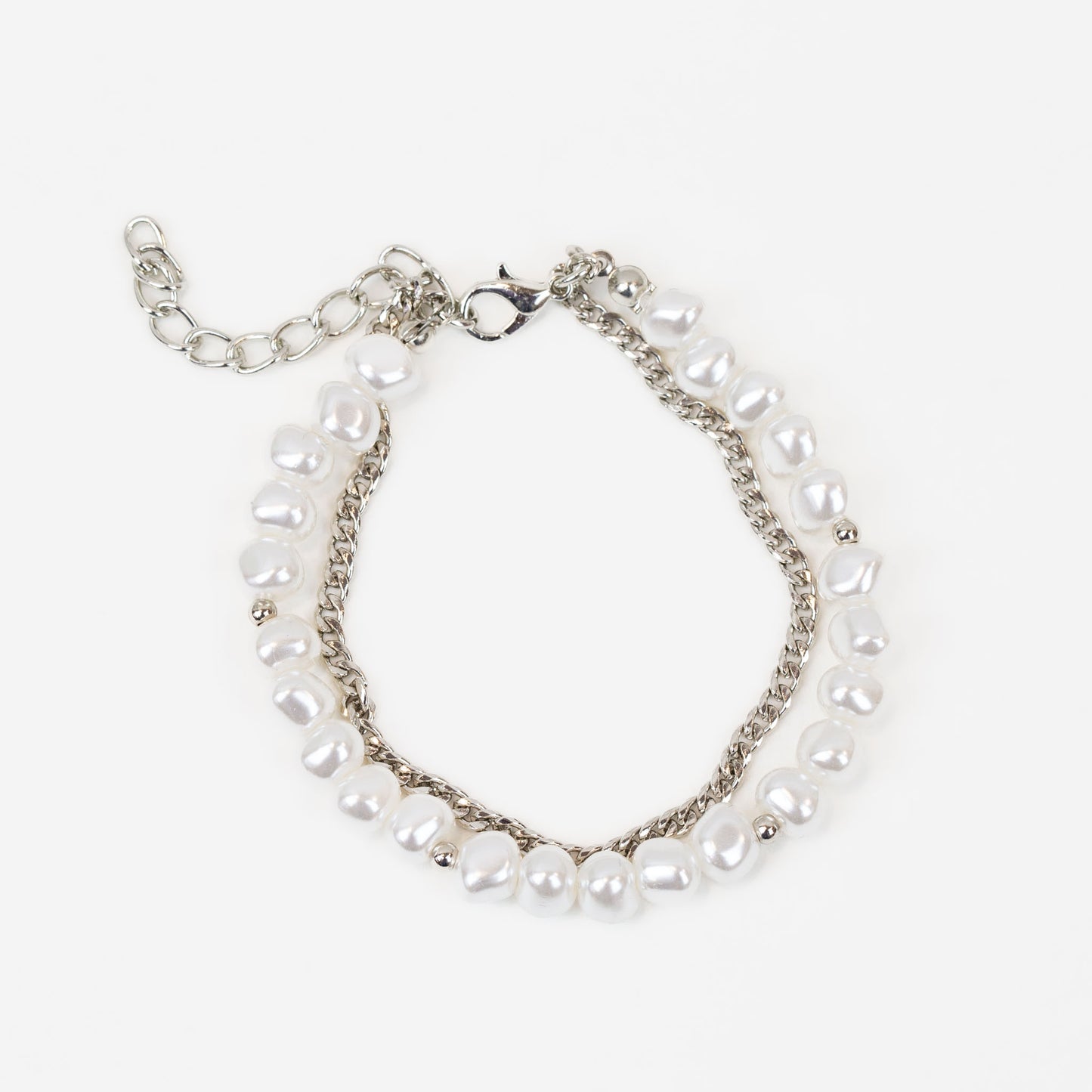 Brățară reglabilă dublă cu perle și lănțișor - Argintiu