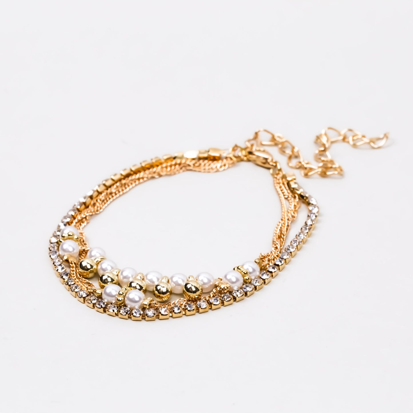 Brățară reglabilă în 4 straturi cu lănțișor, biluțe și ștrasuri - Auriu, Alb