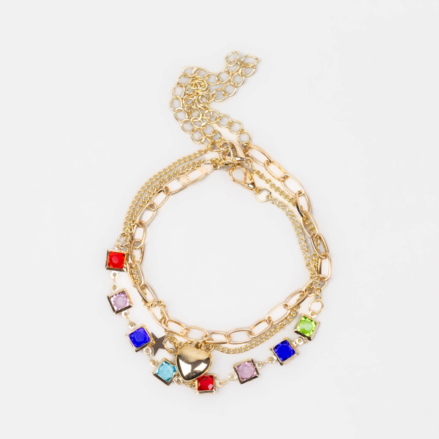 Brățări reglabile cu lanț, pietre colorate și charm inimă, set 3 buc - Auriu