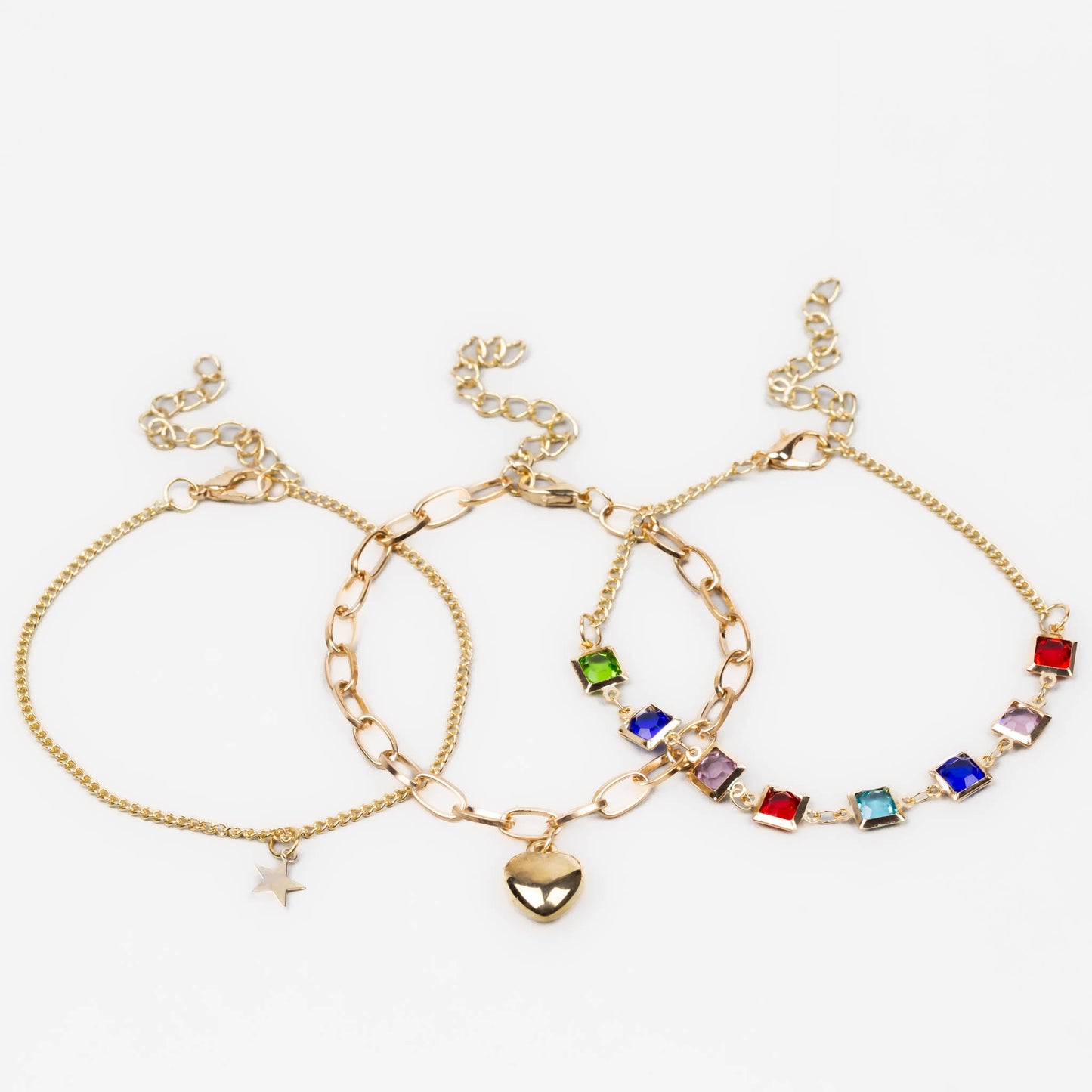Brățări reglabile cu lanț, pietre colorate și charm inimă, set 3 buc - Auriu
