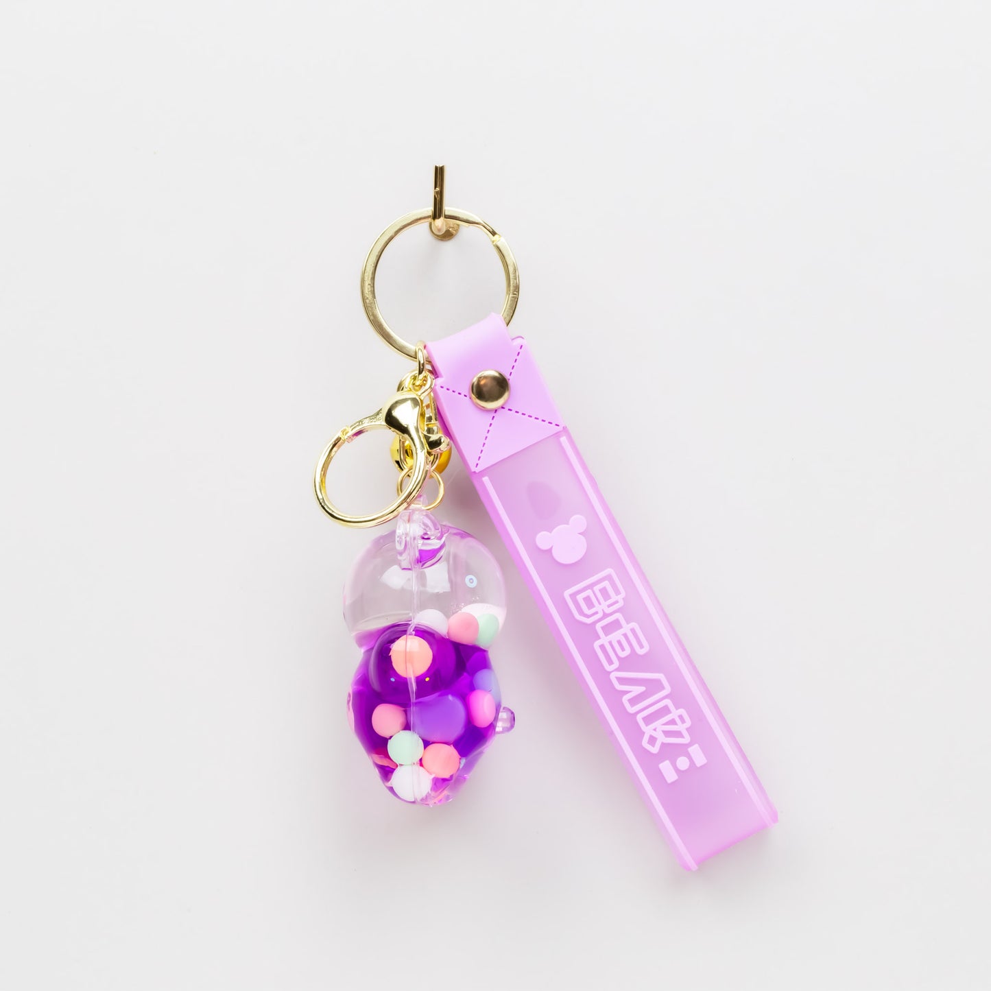 Breloc chei translucid în formă de ursuleț cu lichid și confetti - Mov