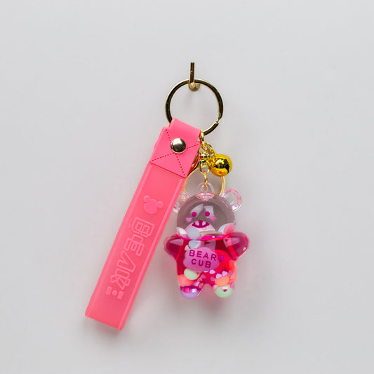 Breloc chei translucid în formă de ursuleț cu lichid și confetti - Roz