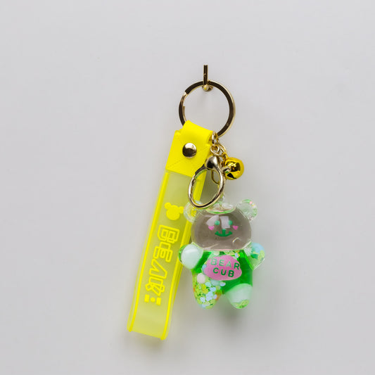 Breloc chei translucid în formă de ursuleț cu lichid și confetti - Verde