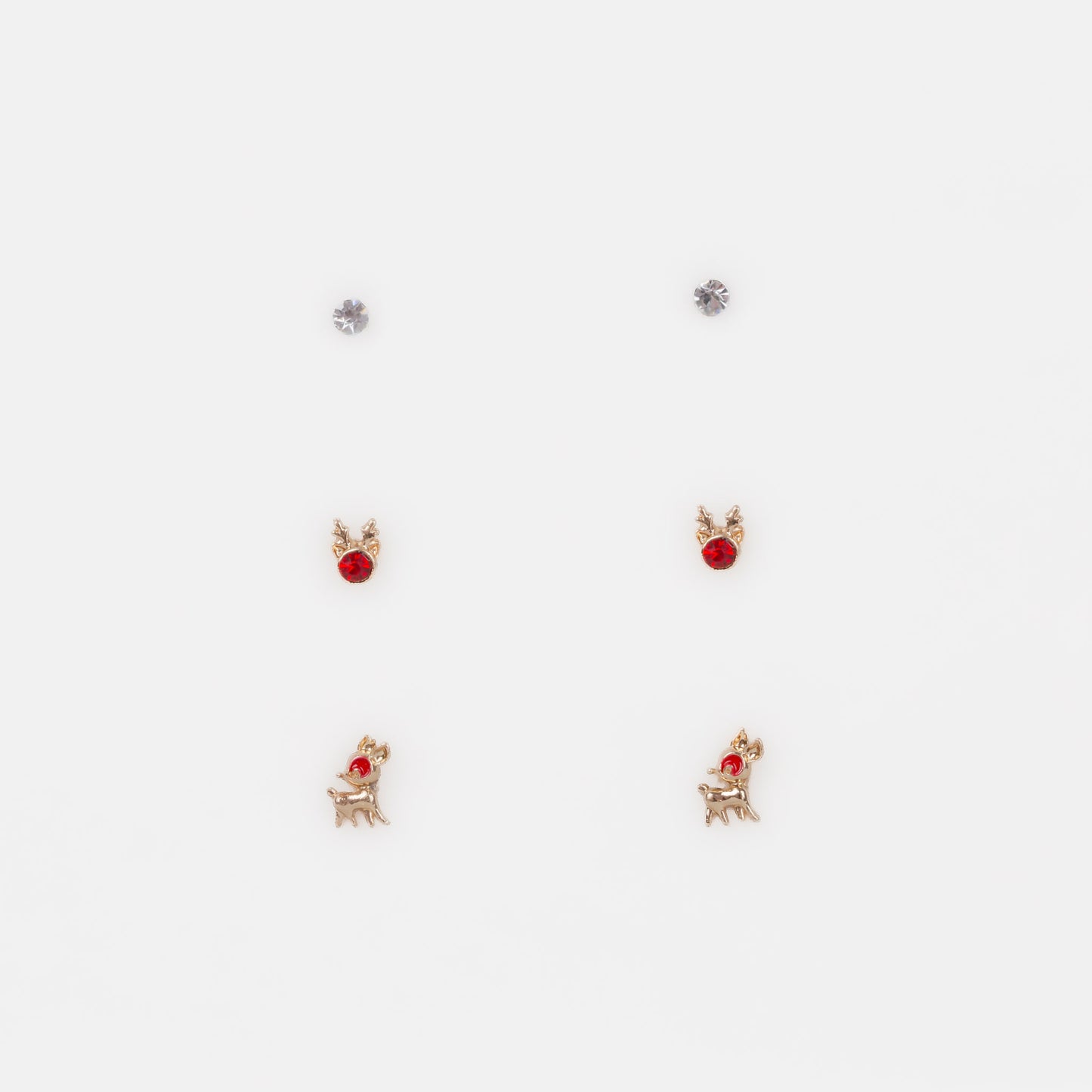 Cercei aurii mici discreți cu reni și ștrasuri, set 3 perechi - Roșu
