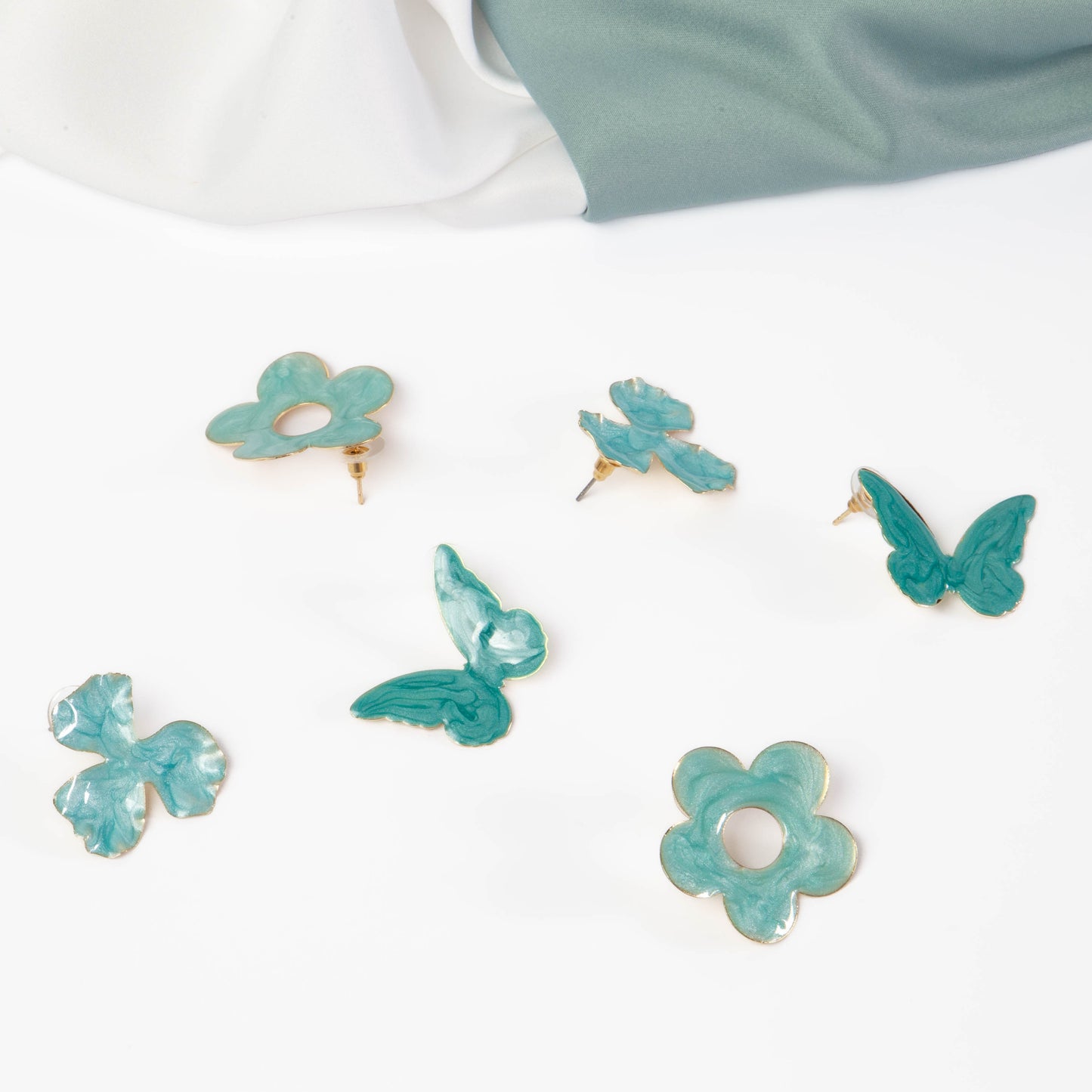 Cercei glossy flori și fluturi, set 3 - Turcoaz