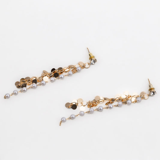 Cercei lungi cu lănțișor, perle mici și solzi rotunzi - Auriu
