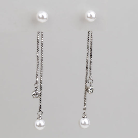 Cercei lungi cu perle, lănțișor și piatră - Argintiu