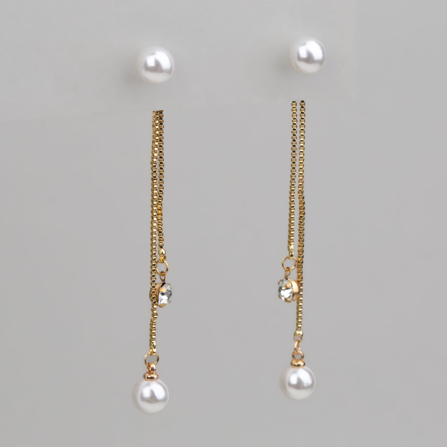 Cercei lungi cu perle, lănțișor și piatră - Auriu