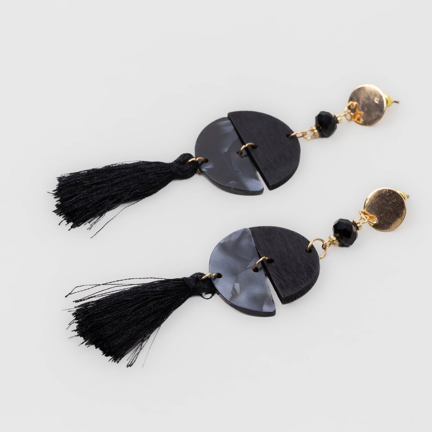 Cercei lungi cu semicercuri, pietre și franjuri - Negru