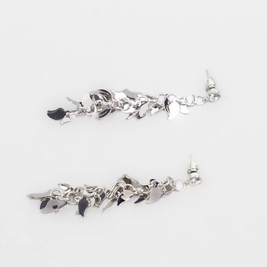Cercei lungi cu solzi în formă de frunzuliță și piatră - Argintiu