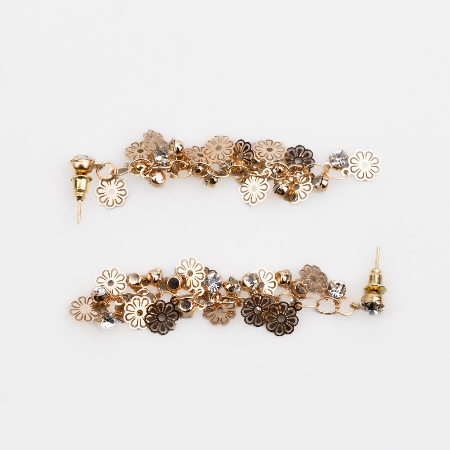 Cercei lungi cu solzi în formă de margaretă și ștrasuri - Auriu