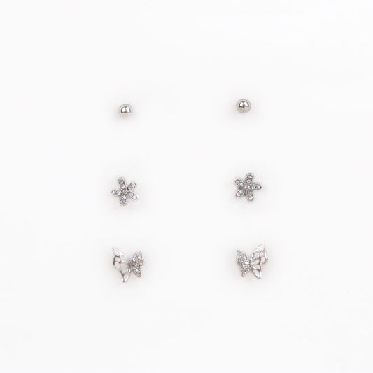 Cercei mici argintii cu fluture, floare și ștrasuri, set 3 perechi