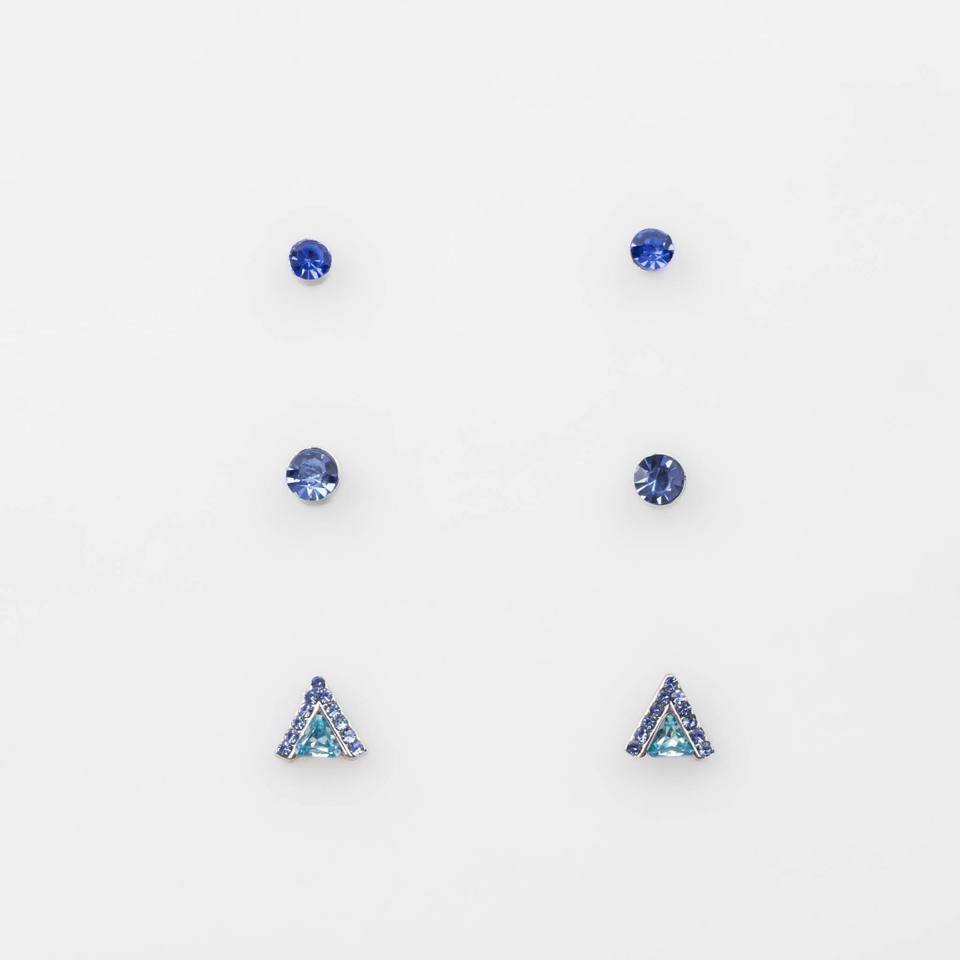 Cercei mici argintii cu triunghi și pietre strălucitoare, set 3 buc - Albastru
