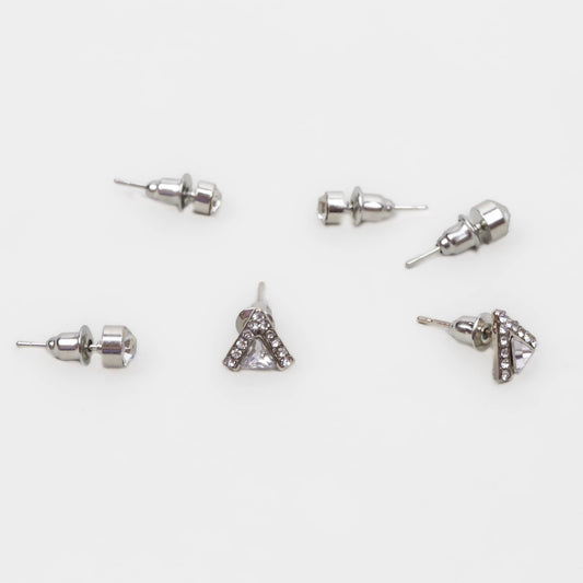 Cercei mici argintii cu triunghi și pietre strălucitoare, set 3 buc