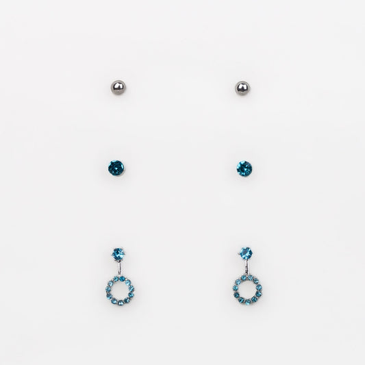 Cercei mici argintii discreți cu formă de amuletă și pietre, set 3 perechi - Albastru