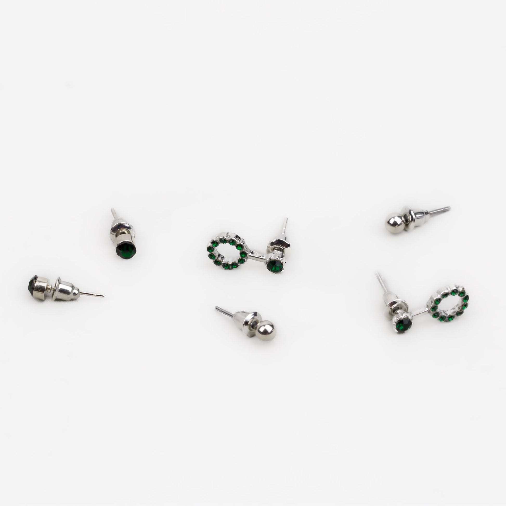 Cercei mici argintii discreți cu formă de amuletă și pietre, set 3 perechi - Verde