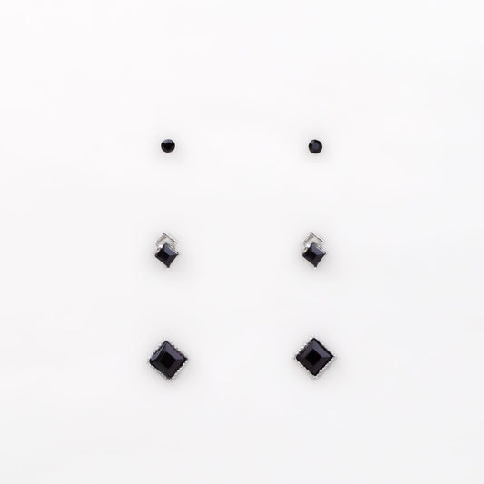 Cercei mici argintii în formă de romb cu pietre, set 3 perechi - Negru