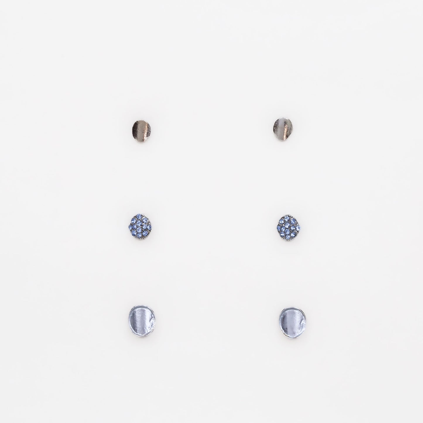 Cercei mici argintii în stil minimal cu ștrasuri albastre, set 3 perechi