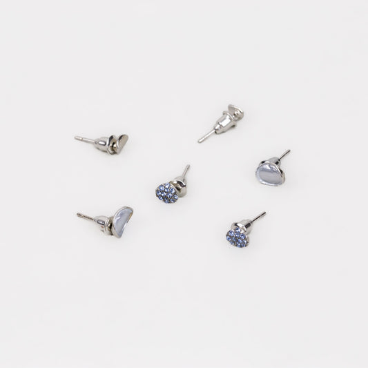 Cercei mici argintii în stil minimal cu ștrasuri albastre, set 3 perechi