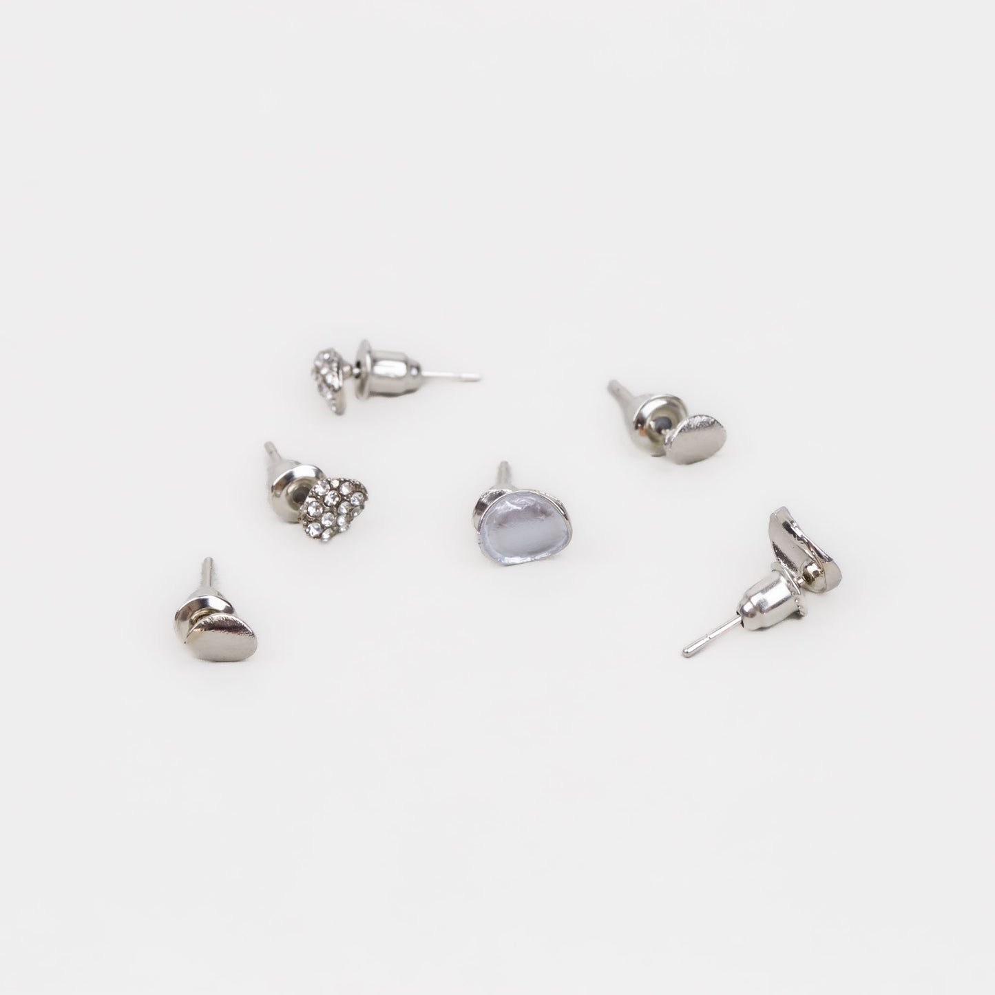 Cercei mici argintii în stil minimal cu ștrasuri, set 3 perechi