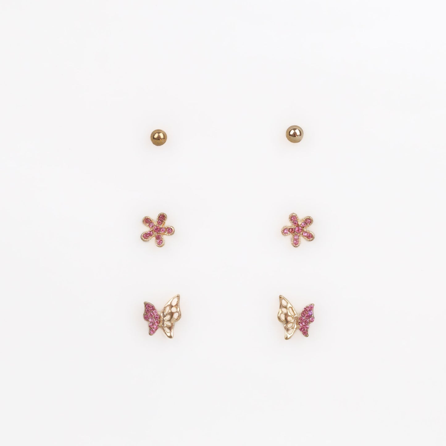 Cercei mici aurii cu fluture, floare și ștrasuri, set 3 perechi - Roz