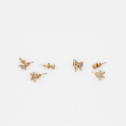 Cercei mici aurii cu fluture, floare și ștrasuri, set 3 perechi