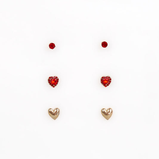 Cercei mici aurii cu inimă și ștrasuri, set 3 perechi - Roșu