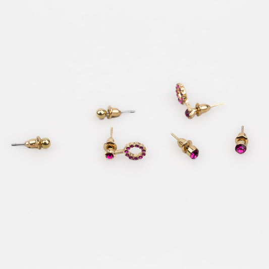 Cercei mici aurii discreți cu formă de amuletă și pietre, set 3 perechi - Magenta