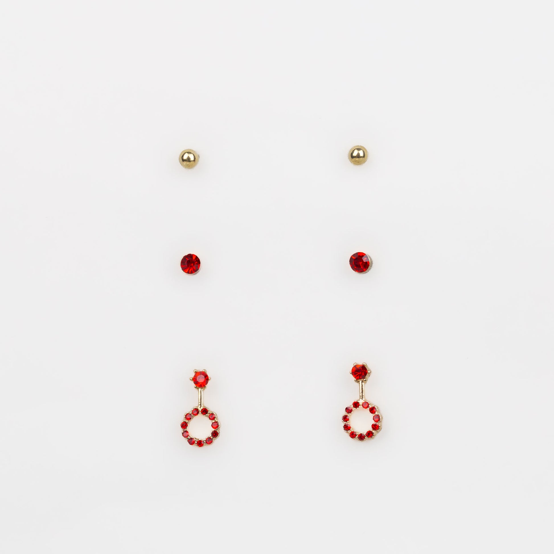 Cercei mici aurii discreți cu formă de amuletă și pietre, set 3 perechi - Roșu