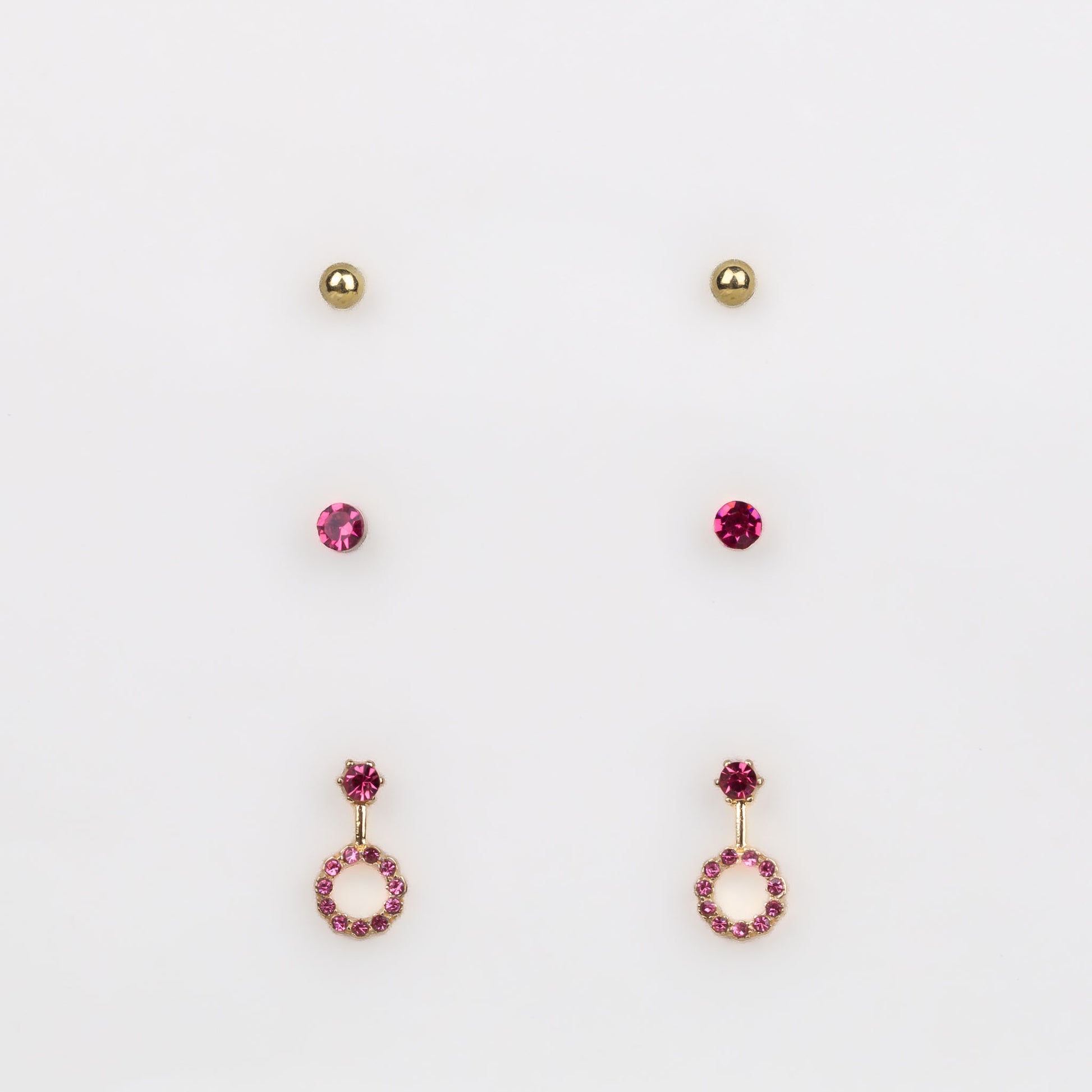 Cercei mici aurii discreți cu formă de amuletă și pietre, set 3 perechi - Roz