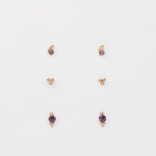 Cercei mici aurii discreți cu formă de lacrimă, amuletă și pietre, set 3 perechi - Mov